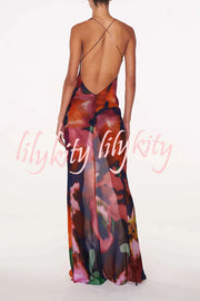 Rosalinda Abstract Floral Print Lace Patchwork Back Lace-up Maxi Dress