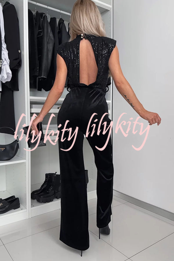 Perfect Party Style Sequin Velvet Patchwork Backless Flare Stretch Jumpsuit