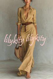 City Sleek Single Breasted Long Sleeve Warp Slit Shirt Maxi Dress