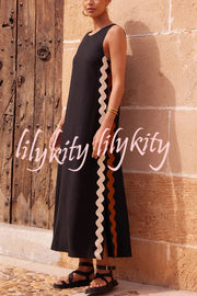 Vacation Villa Side Ric Rac Wave Trim Slit Loose Maxi Dress