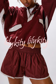 Fashion Contrast Color Stitching Stand Collar Long Sleeve Top and Elastic Waist Loose Pocket Shorts Set