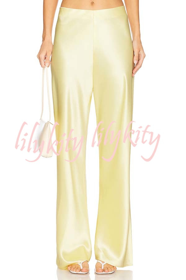 Odessa Satin Floral Lace Hem Strapless Tank and Mid Rise Wide Leg Pants Set