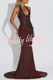 Exclusive Declaration Sequin Halter Neck Back Lace-up Ruched Hem Maxi Dress