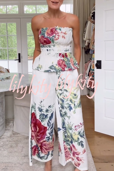 In To The Summer Linen Blend Floral Print Elastic Bandeau and Elastic Waist Pocket Loose Pants Set