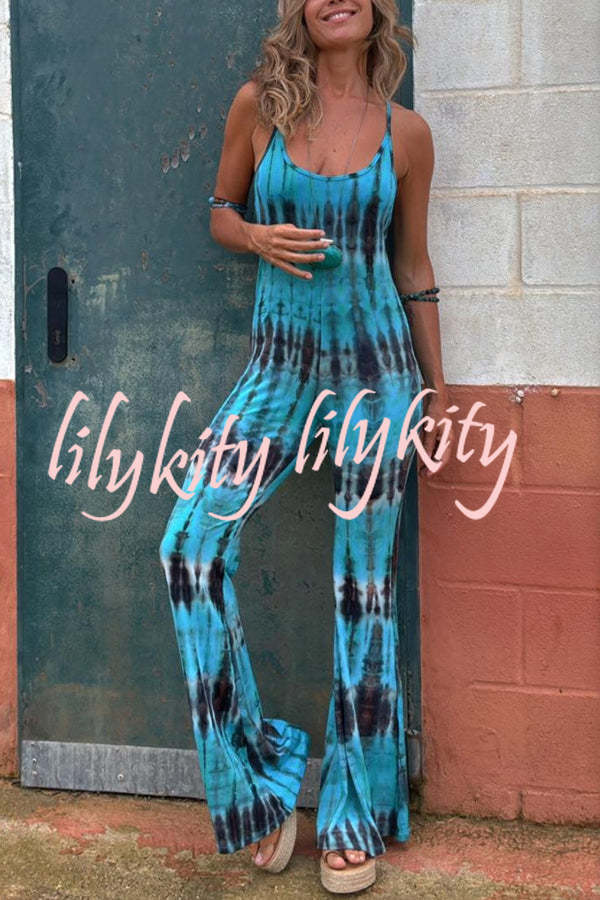 Exclusive Style Tie-dye Print Backless Tie-up Stretch Flared Jumpsuit