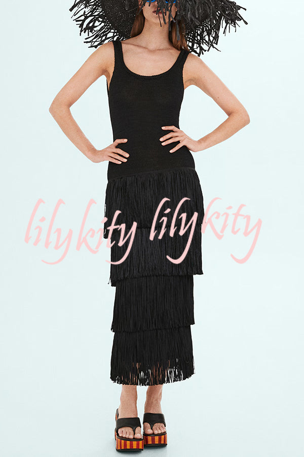 Solid Color Sleeveless Slim Fit Fringed Hem Knitted Midi Dress