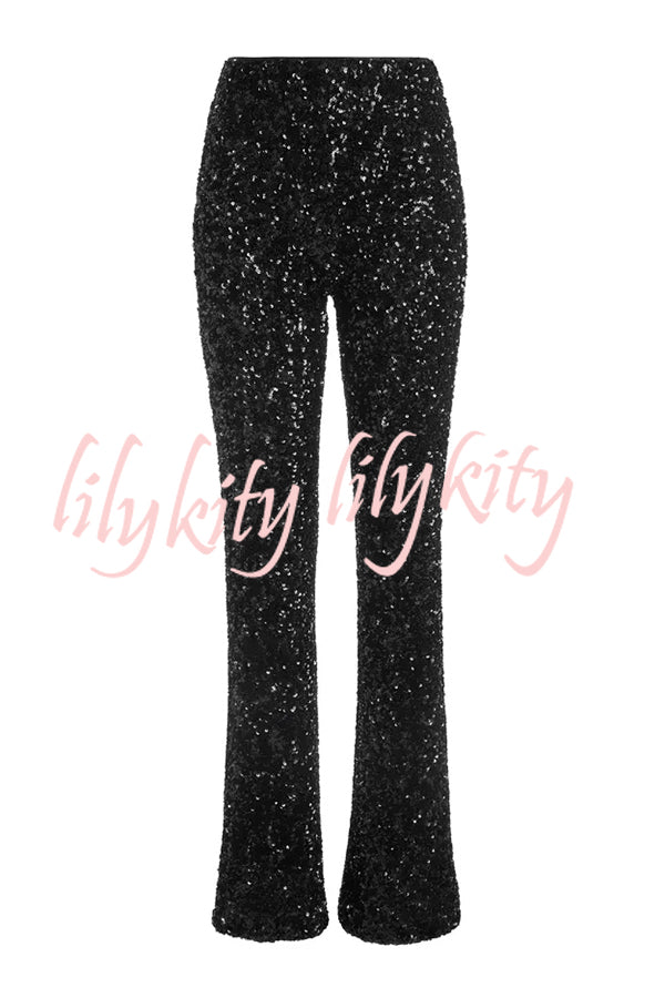 Sparkle Season Sequin High Rise Elastic Waist Stretch Flare Party Pants