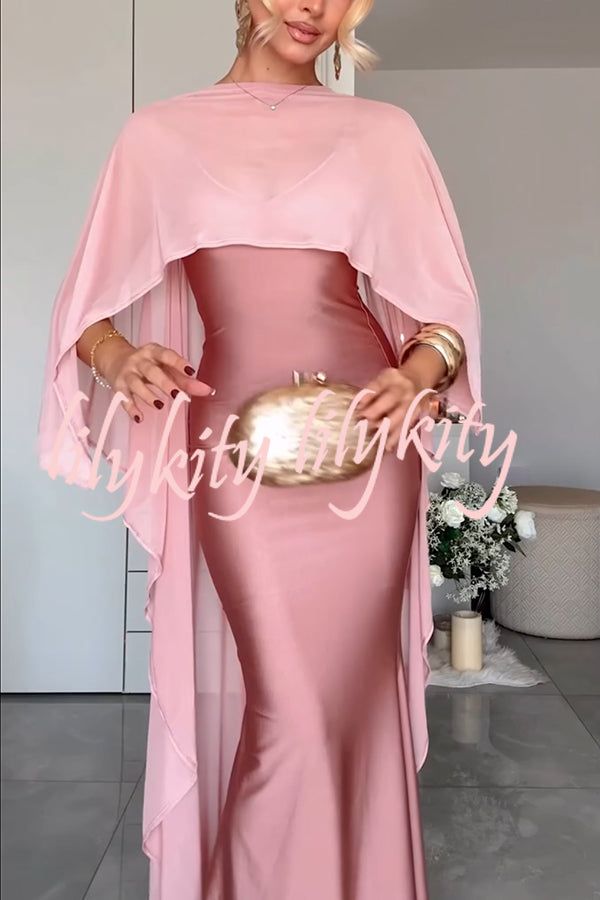 Party Charm Satin Sheer Chiffon High Low Cape Slip Maxi Dress