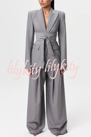 Power Girl Button Up Long Sleeve Removable Belt Lapel Blazer