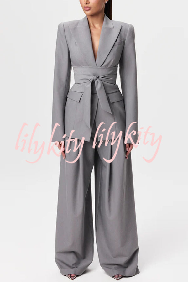 Power Girl Button Up Long Sleeve Removable Belt Lapel Blazer