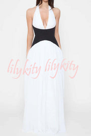 Fashionable Color Matching Sexy Halter Neck Waist Maxi Dress