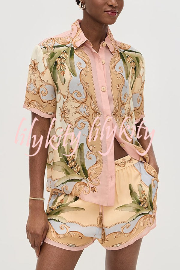 Royalty Unique Print Button Up Short Sleeve Shirt and Elastic Waist Pocketed Loose Shorts Set