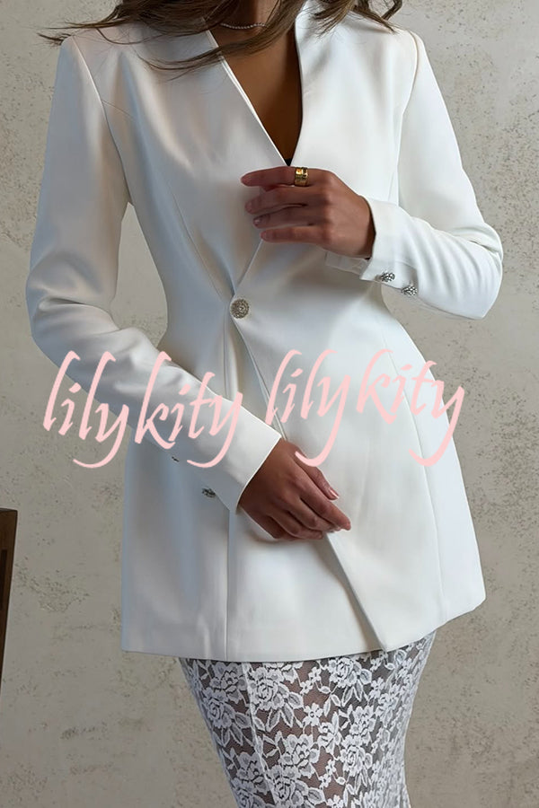 Poetic Muse Stand V-neck Rhinestone Button Up Long Sleeve Blazer