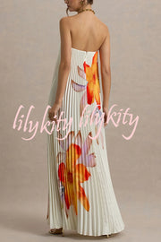 For Every Occasion Satin Pleated Floral Print V-wire Bandeau Neck Maxi Dress