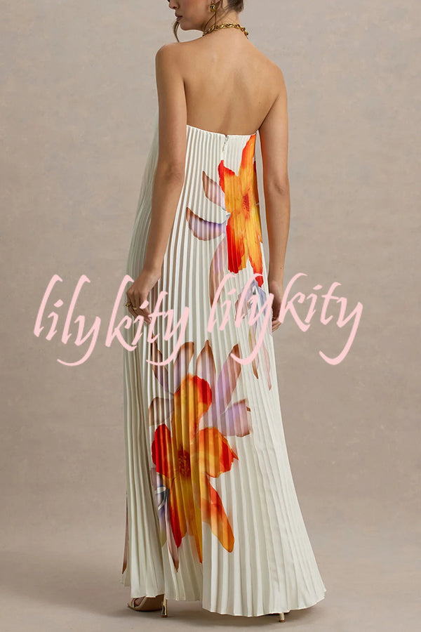 For Every Occasion Satin Pleated Floral Print V-wire Bandeau Neck Maxi Dress