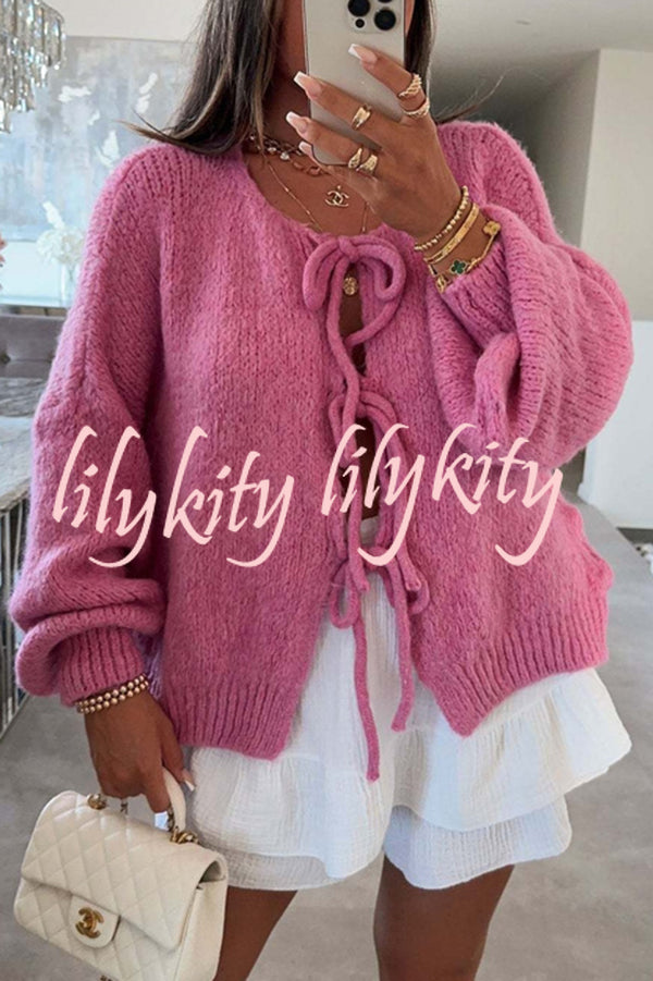 Solid Color Long-sleeved V-neck Lace-up Loose Knitted Sweater