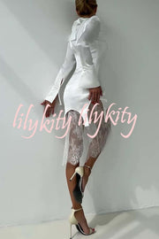Melissa Satin High Neck Long Sleeve Curved Hem Top and Lace Midi Skirt Set