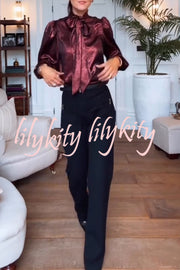Ariella Metallic Satin Fabric Tie-up Bow Neck Long Sleeve Blouse
