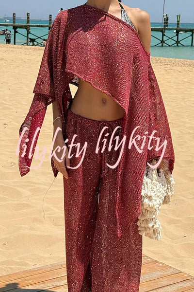 Vacation Knit Shiny Fabric Batwing Sleeve Cape Top and Cover-up Elastic Waist Loose Pants Set