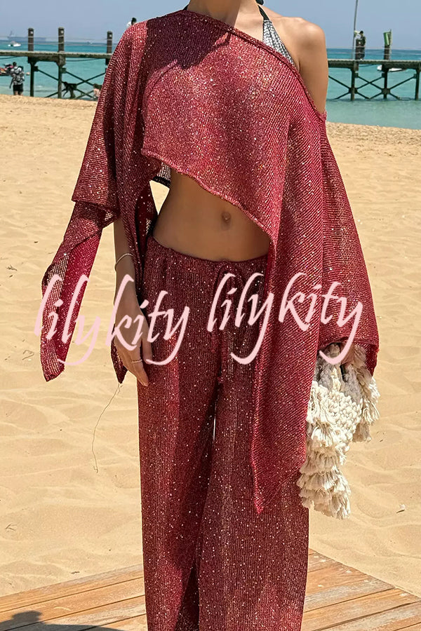 Vacation Knit Shiny Fabric Batwing Sleeve Cape Top and Cover-up Elastic Waist Loose Pants Set