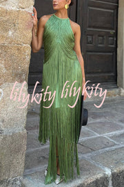 Fashion Sleeveless Halter Neck Elegant Tassel Slim Maxi Dress