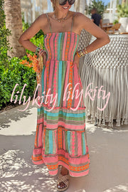 Plenty of Sunshine Linen Blend Ethnic Print Smocked Cami Midi Dress