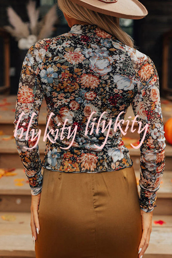 Floral Print Turtleneck Long Sleeve Stretch Bottoming Shirt