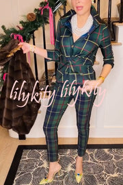 Embrace The Festival Plaid Twist Half Sleeve Shirt and Elastic Waist Pencil Pants Set