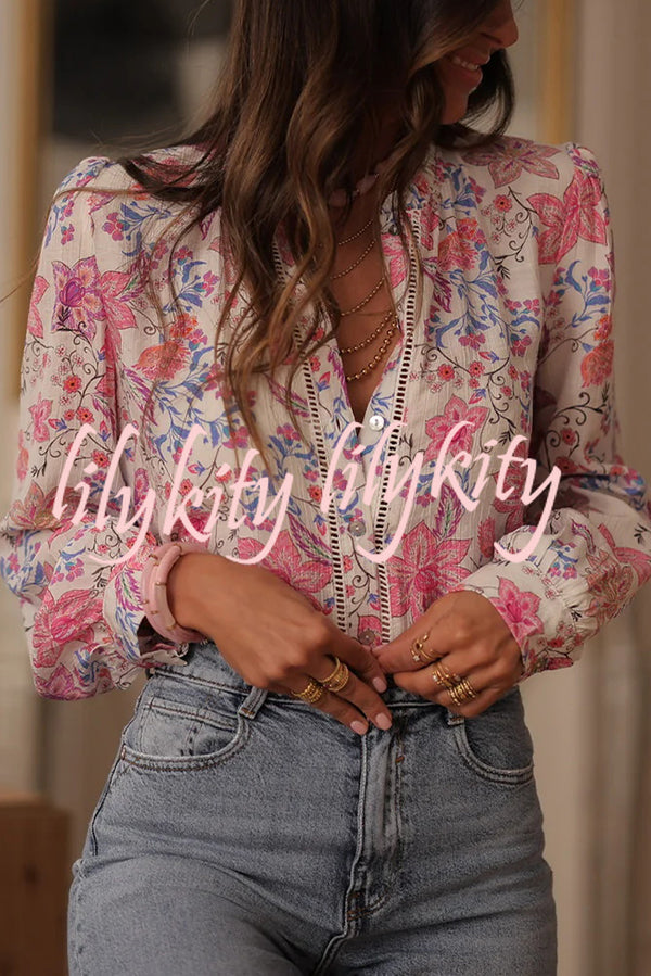 Floral Print Long-Sleeved Button-Up Elegant Shirt
