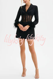 GIA Lace Corset Waist Feather Sleeve Structured Lapel Blazer Mini Dress