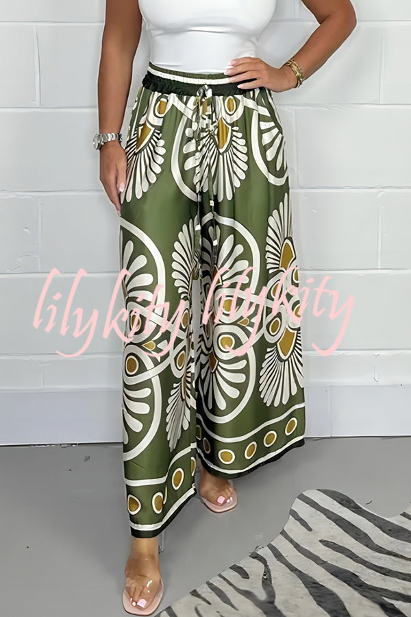 Satin Unique Printed Elastic Waist Tie Casual Vacation Loose Pants