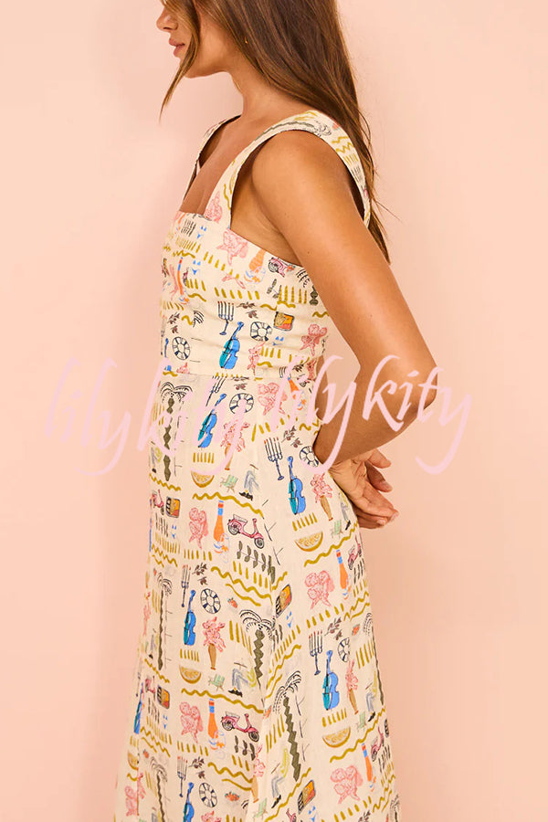 Country Cutie Unique Print Square Neck Wide Strap Maxi Dress