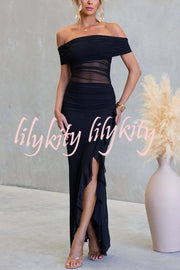 Sexy Mesh Off-shoulder Slim Fit Ruffled Slit Maxi Dress