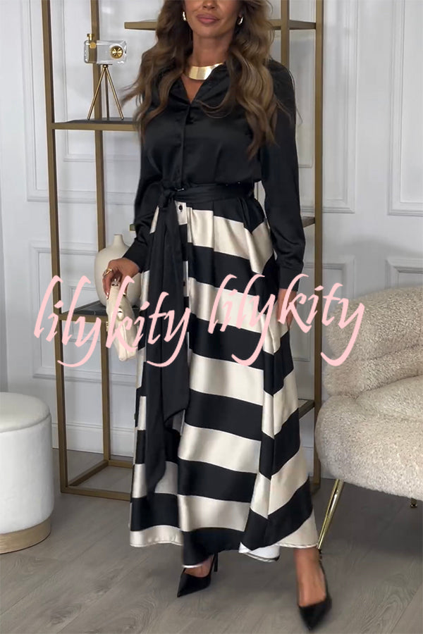 Lindsey Satin Colorblock Contrast Long Sleeve Belted Shirt Maxi Dress