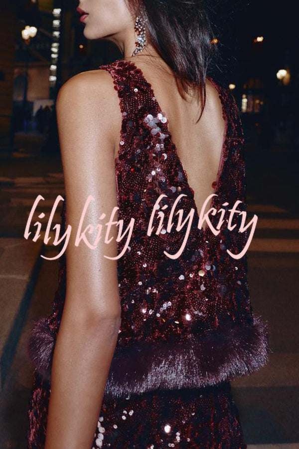 Gala Goddess Sequin Faux Fur Trim Crew Neck Sleeveless Loose Top