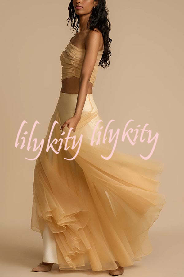 Romance Factor Satin Patchwork Tulle High Rise Elastic Waist A-line Maxi Skirt