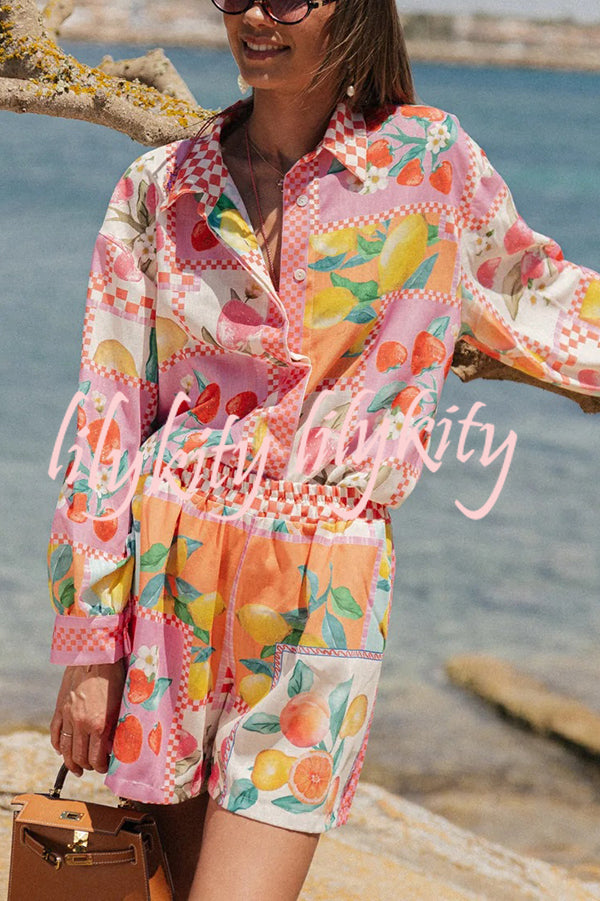 Leisurely Outings Summer Fruit Print Loose Long Sleeve Shirt and Elastic Waist Pocket Shorts Set