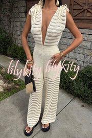 Solid Color Knitted V-neck Holiday Hollow Casual Jumpsuit