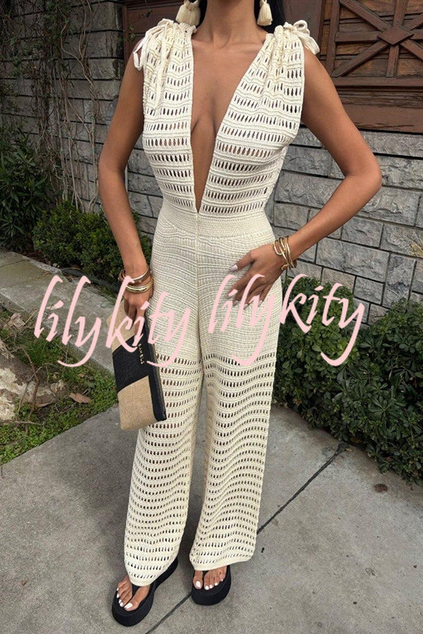 Solid Color Knitted V-neck Holiday Hollow Casual Jumpsuit