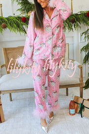 Christmas Besties Party Printed Feather Trim Elastic Waist Pocketed Pajama Set