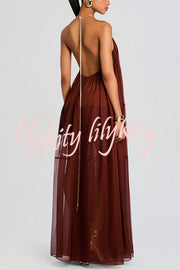 Flowing Lightweight Chiffon Chain Halter Neck Detail Backless A-line Maxi Dress