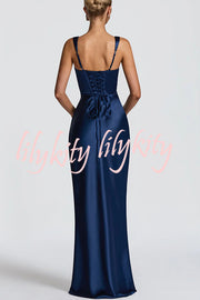 Calanthe Satin Square Neck Ruched Back Lace-up Drape Mesh Scarf Maxi Dress