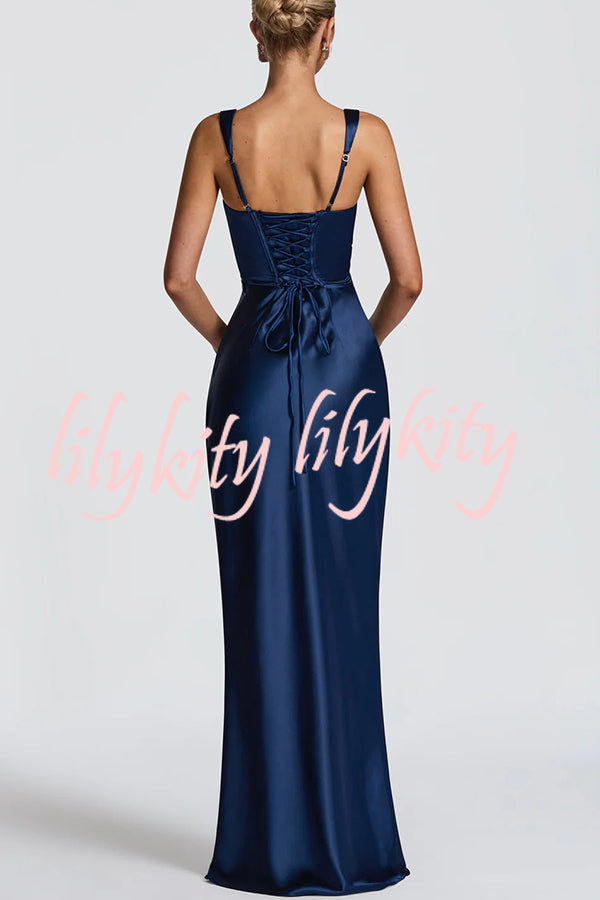 Calanthe Satin Square Neck Ruched Back Lace-up Drape Mesh Scarf Maxi Dress