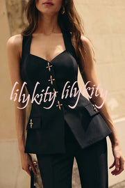 Women Power Metal Cross Snap Button Sweetheart Neck Wide Strap Vest