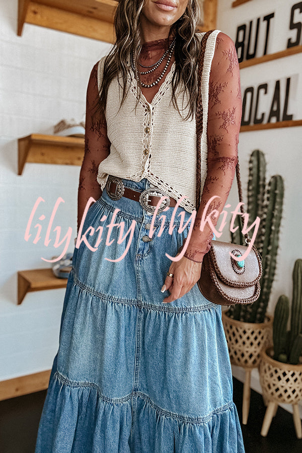 Bohemian High Rise Button Up Loose Denim Pocket Maxi Skirt