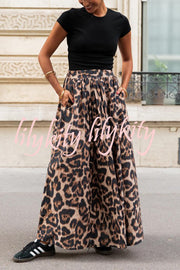 Leopard Print Pocket Pleated Hem Maxi Skirt