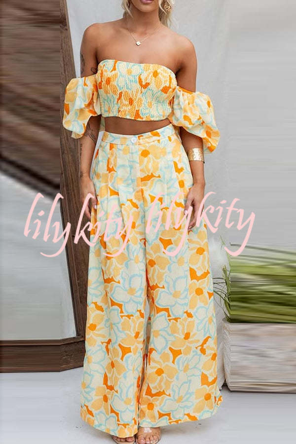 Quinci Floral Puff Sleeve Smocked Top and Elastic Waist Pocketed Loose Pants Set