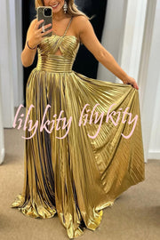 Queen Style Metallic Fabric Cross Neck Cutout Slit Pleated Maxi Dress