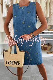 Floral Print Round Neck Sleeveless Loose Denim Mini Dress