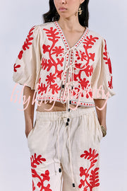 Till Sunset Linen Blend Unique Print Lace-up Puff Sleeve Shirt